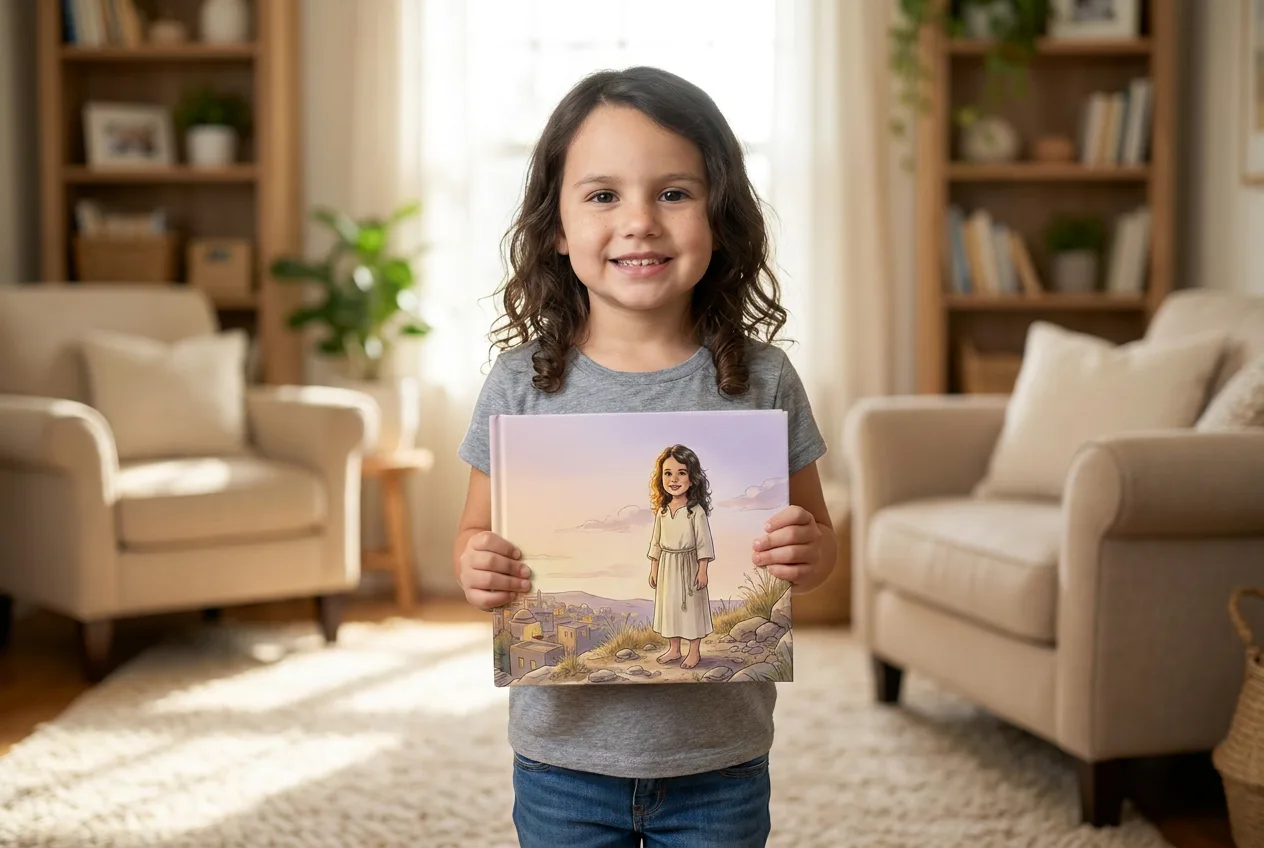 A child holding their personalized Bethlehem book